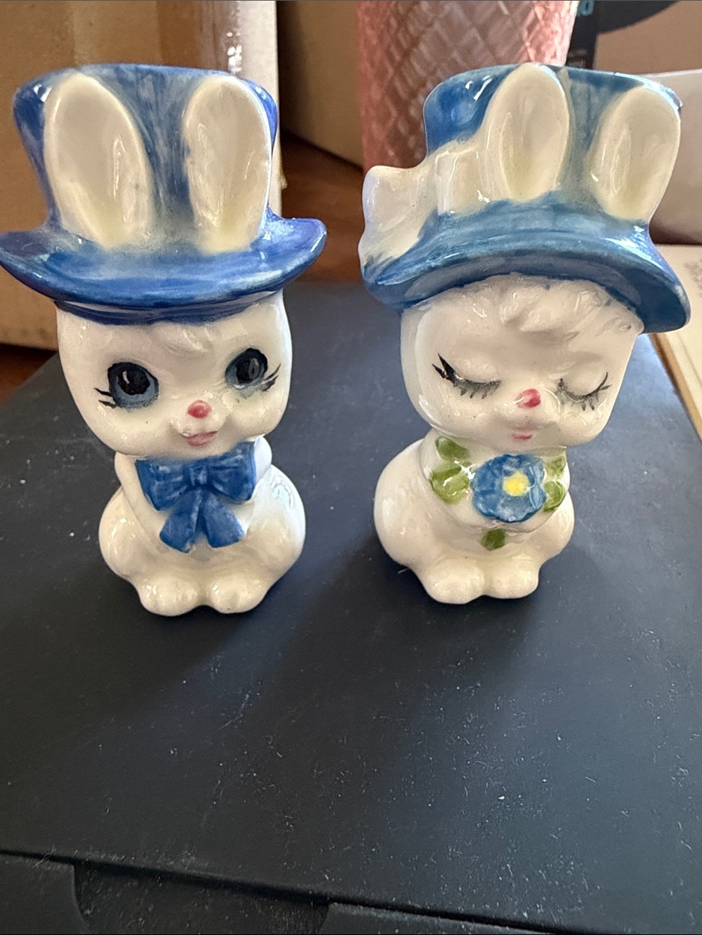 Lefton White Ceramic Bunny Pair with Blue Hats and Accents